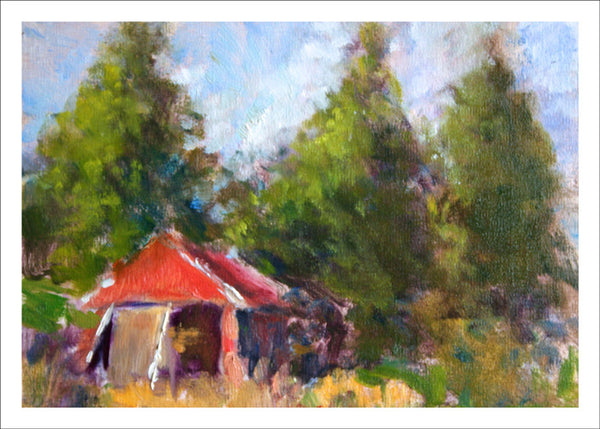 Red Shed with Trees by Janet Bonneau